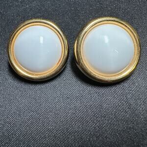 Vintage Napier Gold Tone Pierced Earrings White Cabochon Round Classic Retro